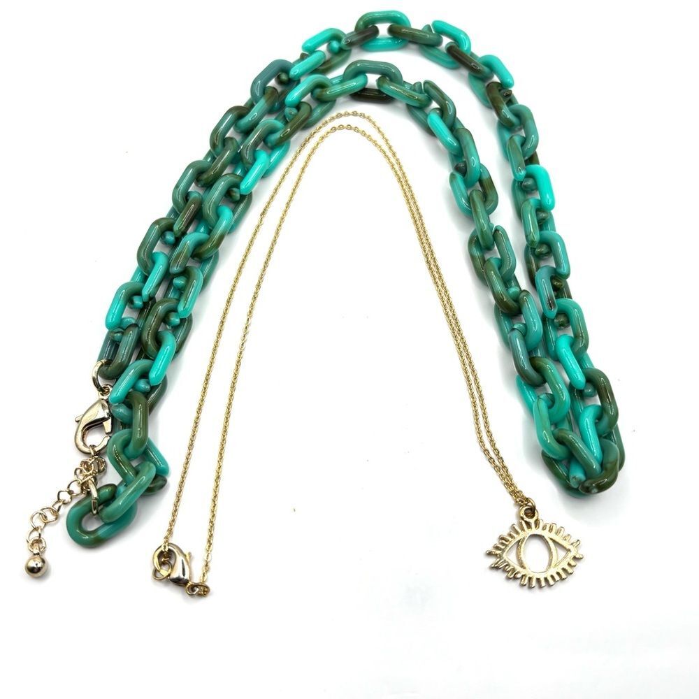Maximalist Gold Chain Evil Eye Pendant Necklace Statement Green Chain Necklace